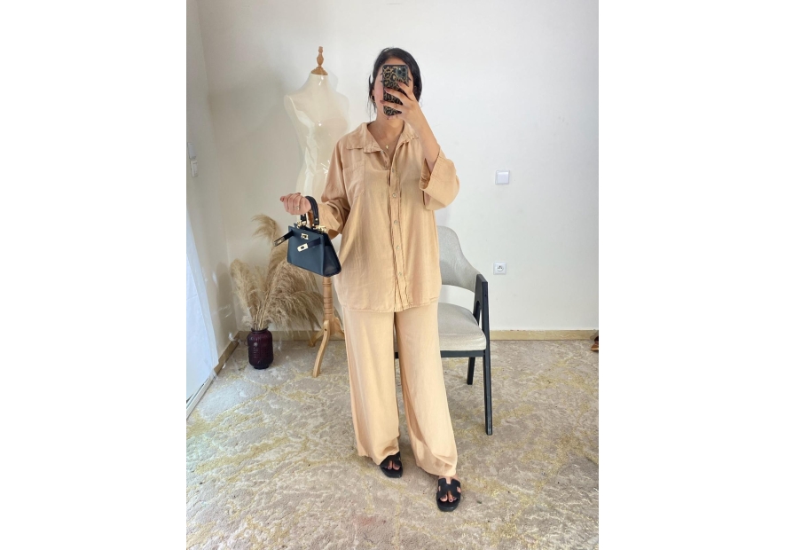 Ensemble chemise et pantalon Beige sable - Décontracté chic