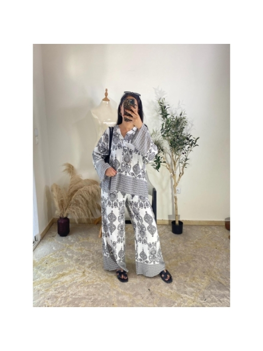 ensemble (haut et pantalon) blanc, noir - décontracté chic, bo...