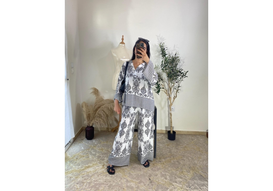 Ensemble (haut et pantalon) Blanc et noir - Décontracté, bohèm...