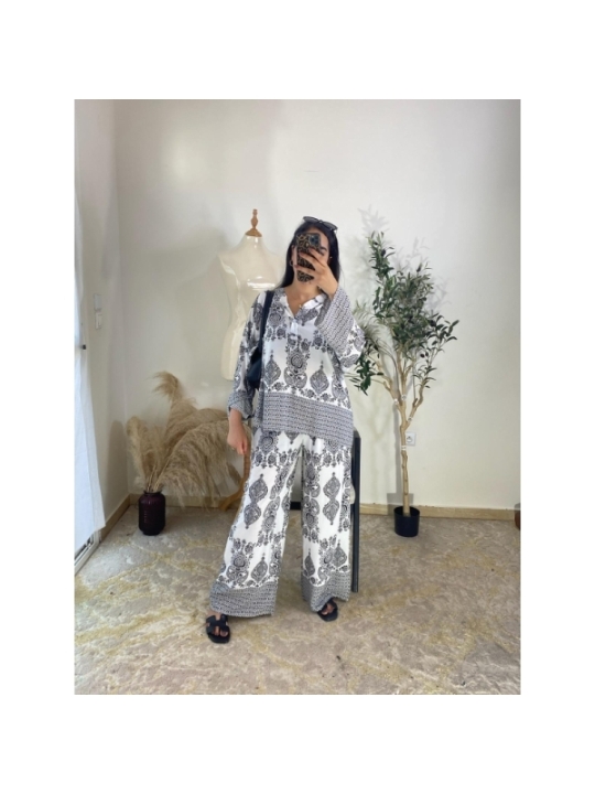 Ensemble (haut et pantalon) Blanc et noir - Décontracté, bohèm...