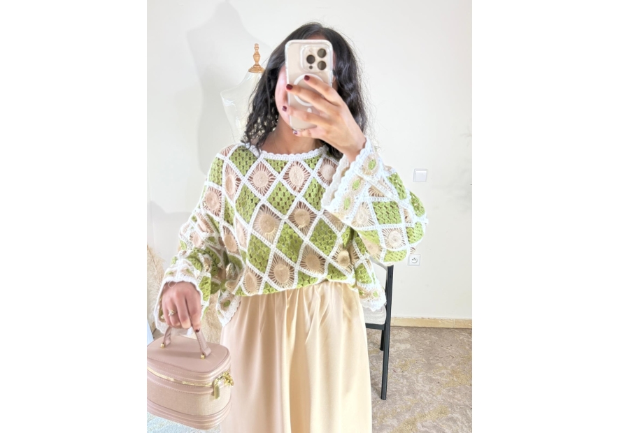 Pull en crochet Vert et beige - Bohème décontracté