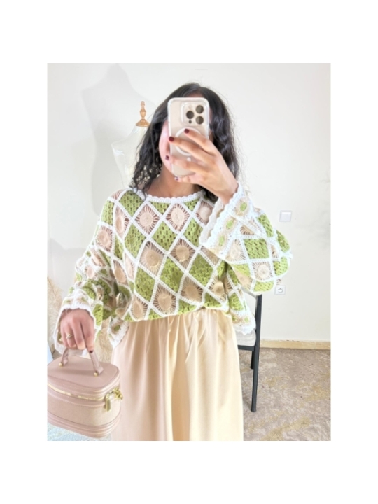 Pull en crochet Vert et beige - Bohème décontracté