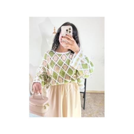 Pull en crochet Vert et beige - Bohème décontracté