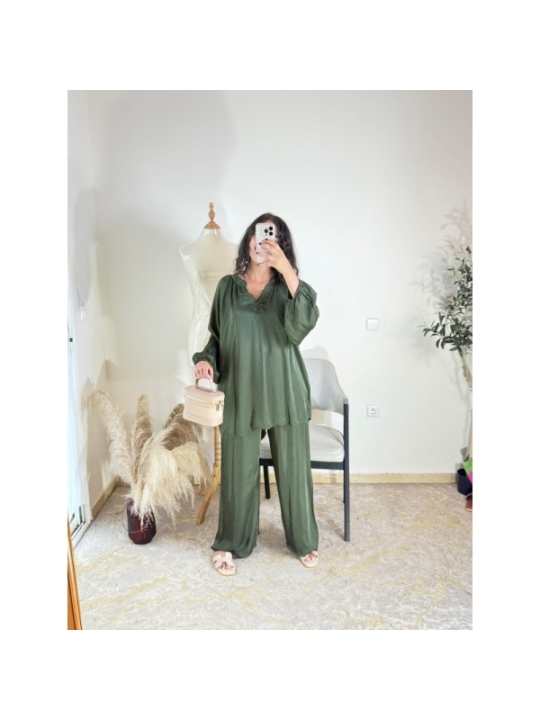 Ensemble (chemise et pantalon) vert olive - décontracté chic
