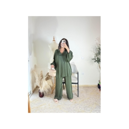 Ensemble (chemise et pantalon) vert olive - décontracté chic