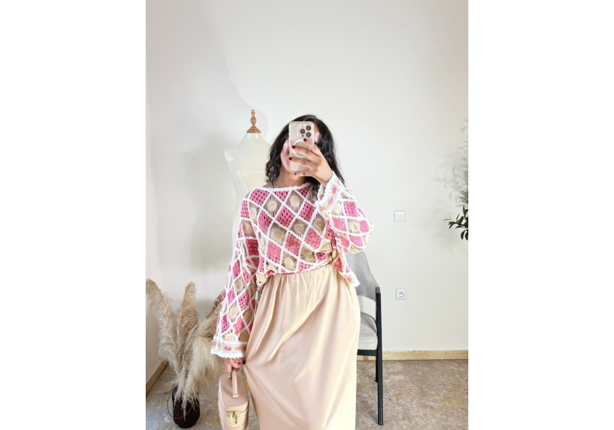 Pull Rose, beige et blanc - Bohème chic, décontracté