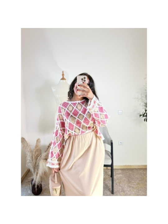 Pull Rose, beige et blanc - Bohème chic, décontracté