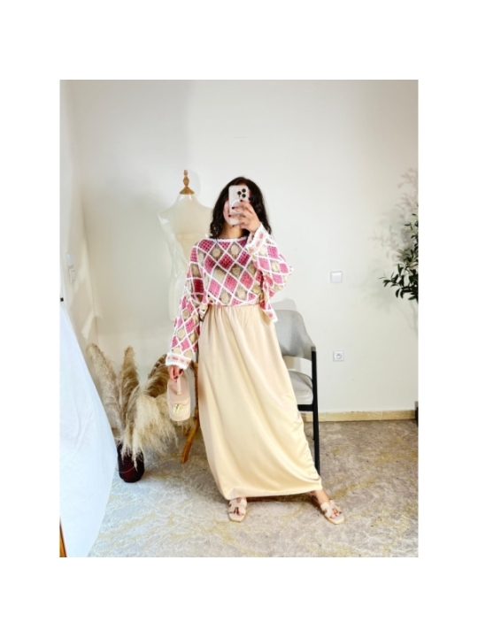 Ensemble (top et jupe longue) rose et beige - bohème, décontra...