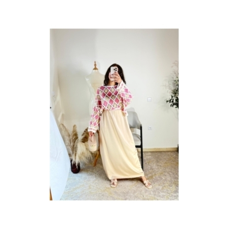 Ensemble (top et jupe longue) rose et beige - bohème, décontra...