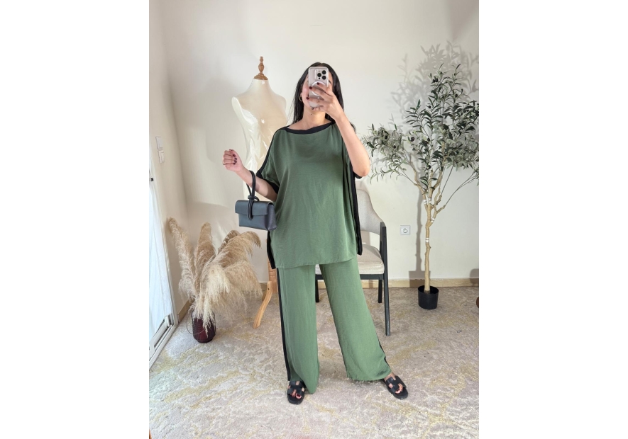 Ensemble (top et pantalon) Vert olive - Décontracté chic