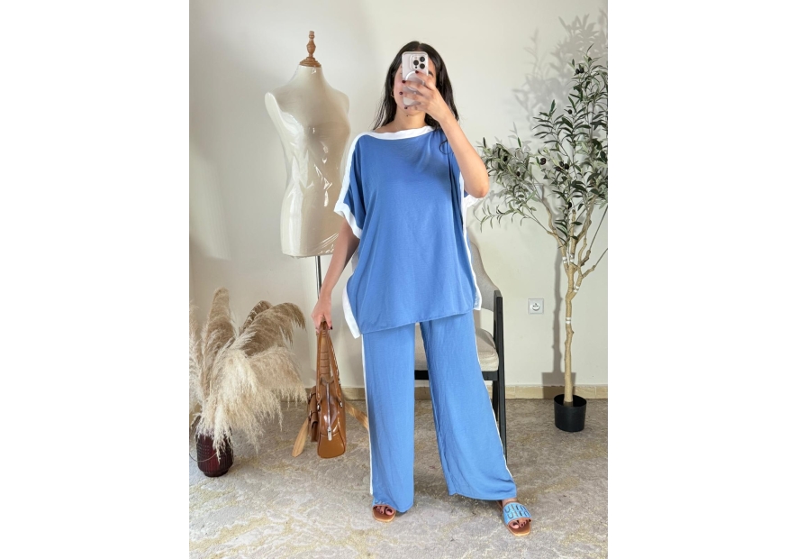 Ensemble pantalon et top bleu ciel - Décontracté chic