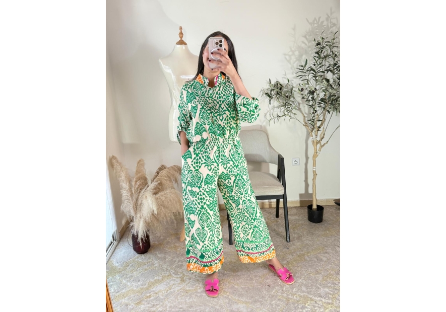 ensemble pantalon vert et beige - casual chic, bohème