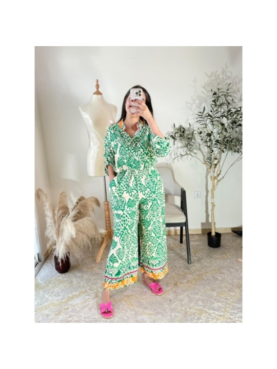 Ensemble chemise et pantalon Vert et crème - Chic décontracté,...