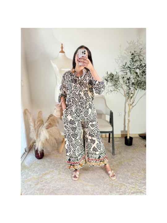 Ensemble pantalon et chemise Beige, Noir - Décontracté chic, b...