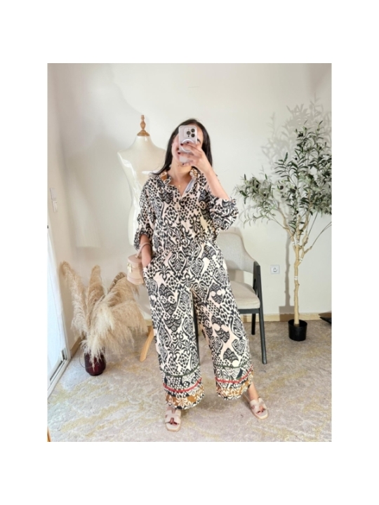 ensemble (chemise et pantalon) beige, noir - décontracté chic,...