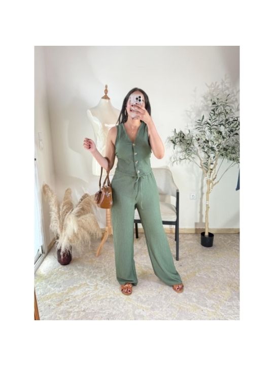 Ensemble pantalon et top vert sauge - casual chic