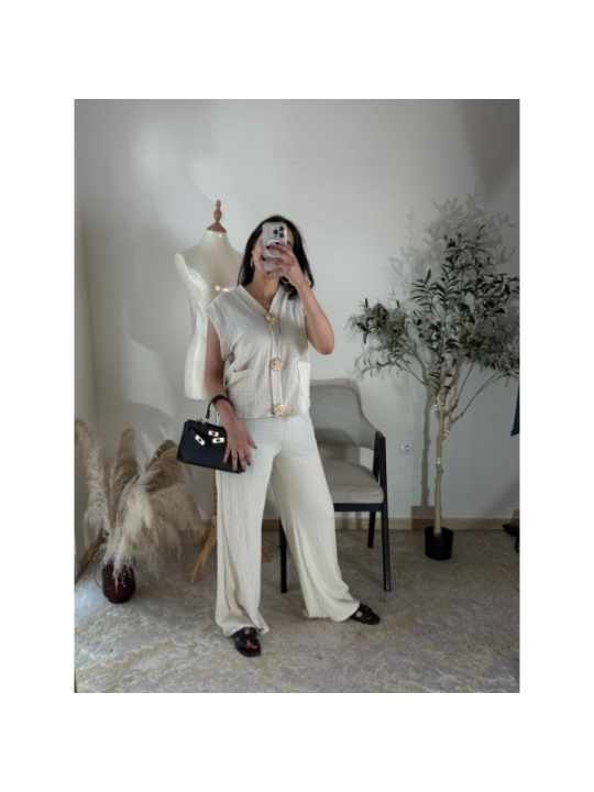 ensemble (top et pantalon) écru - casual chic | AK Fashion Shop